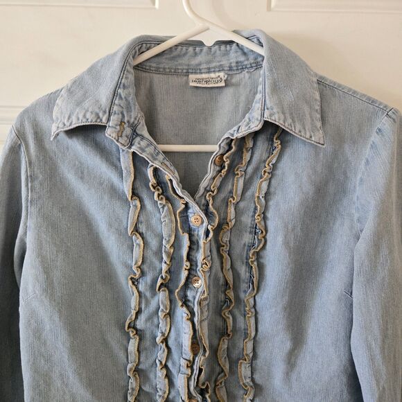 Newport News Jeanology Denim Jacket Cardigan Ruffled Button Up Women Size Medium - Picture 4 of 6